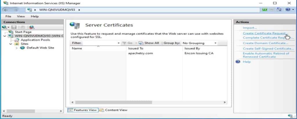 Select and Create Certificate in IIS Manager
